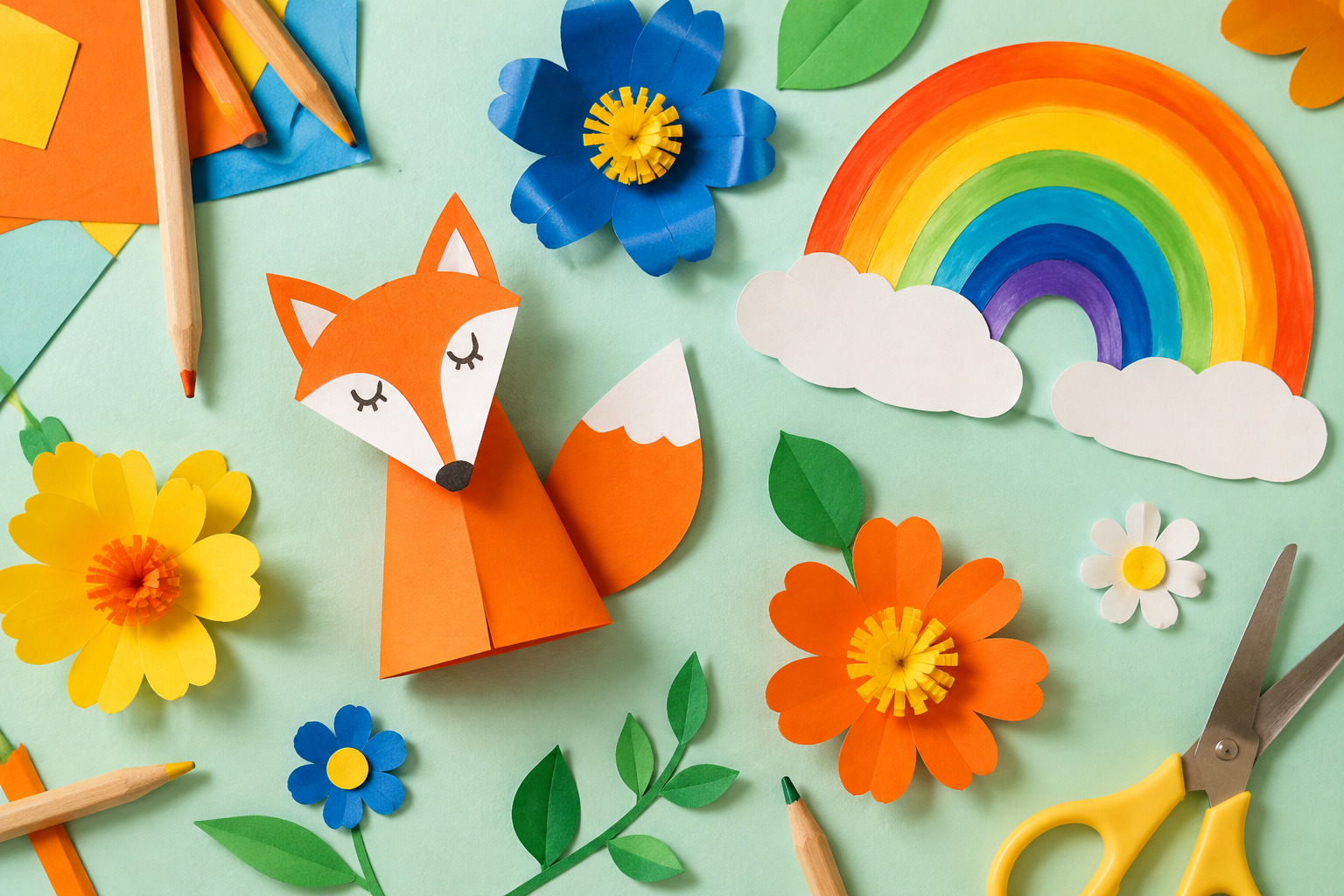 Een oranje papieren vos op een kleurrijke knutseltafel