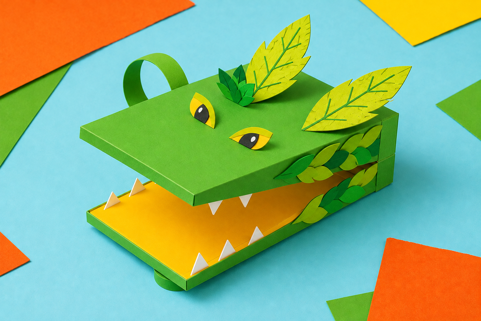 Paper dragon: de bosdraak, een zelfgemaakte kartonnen handpop met twee kaken en papieren versieringen