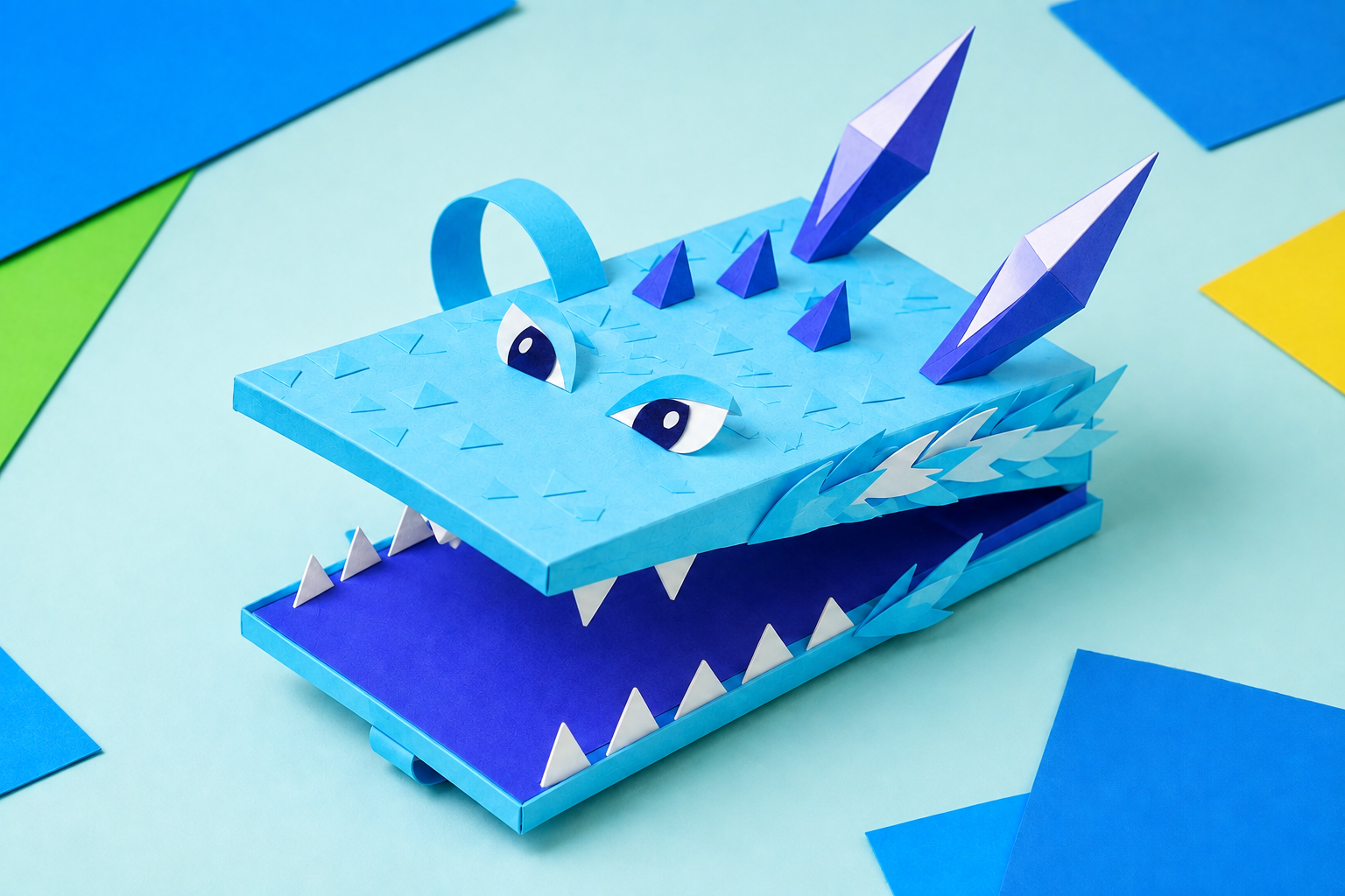 Paper dragon: de ijsdraak, een zelfgemaakte kartonnen handpop met twee kaken en papieren versieringen