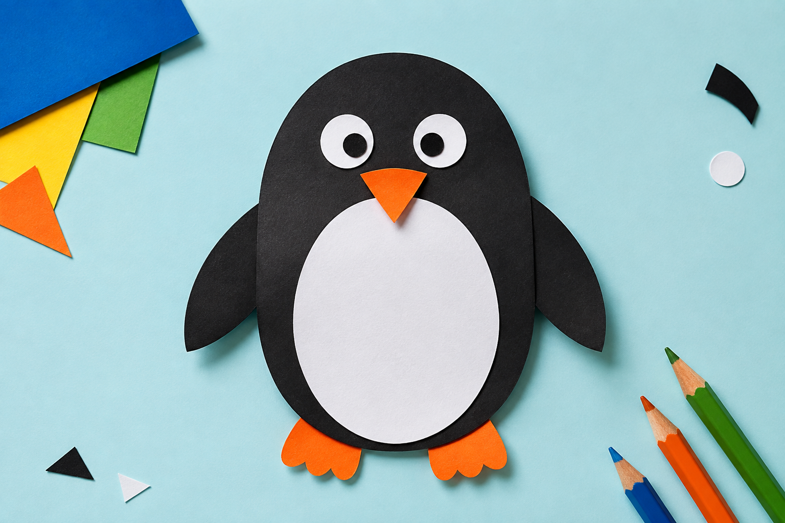 Voorbeeld van een pinguïn in zijn mooiste pak, gemaakt van gekleurd papier
