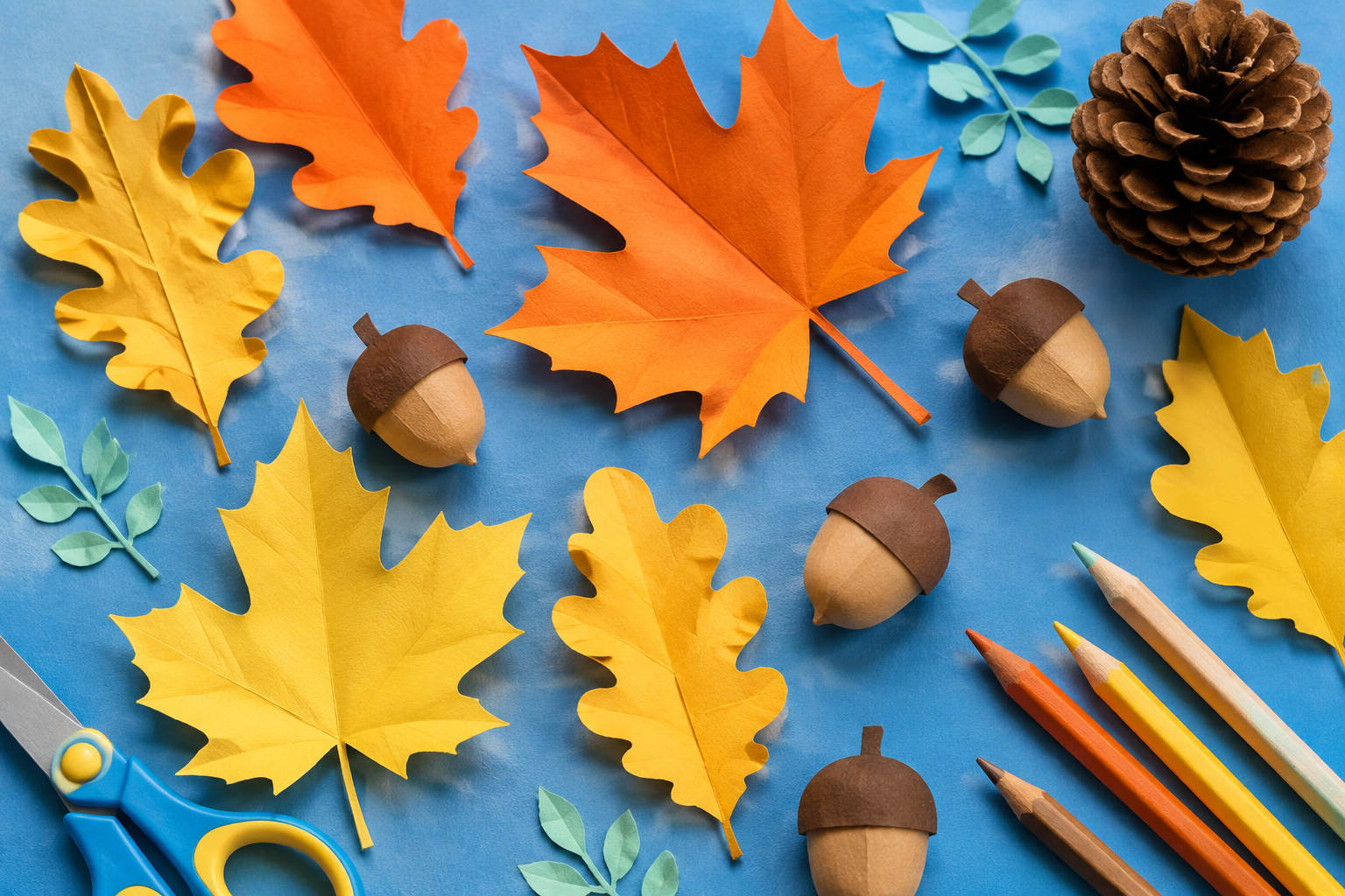 Kleurrijke gevouwen papieren herfstfiguren op een blauwe knutseltafel